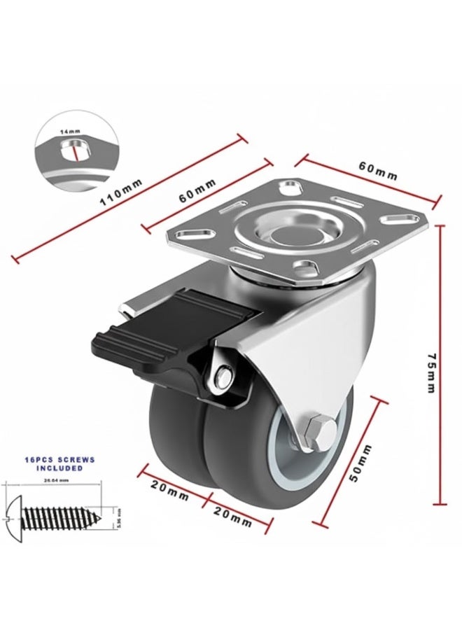 2" Heavy Duty Caster Wheels with 2 Brakes + Screws - up to 880Lbs - Set of 4 No Floor Marks Silent Castor for Furniture - Rubbered Trolley or Pallet Swivel Wheels - Silver Casters - Image 5